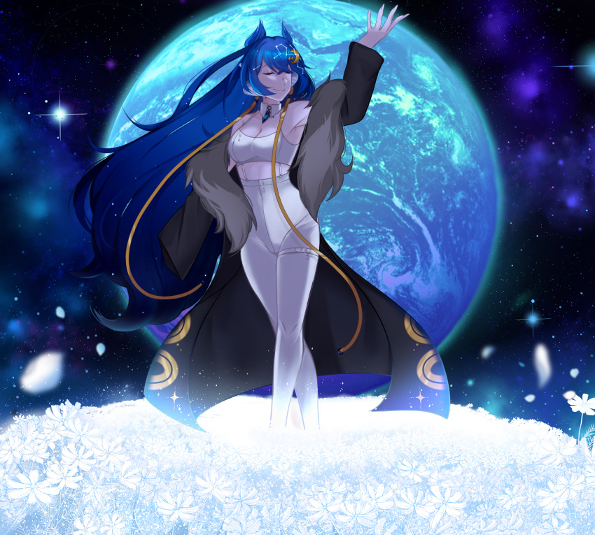 1girl, absurdres, blue_hair, closed_eyes, field, floating_hair, flower, flower_field