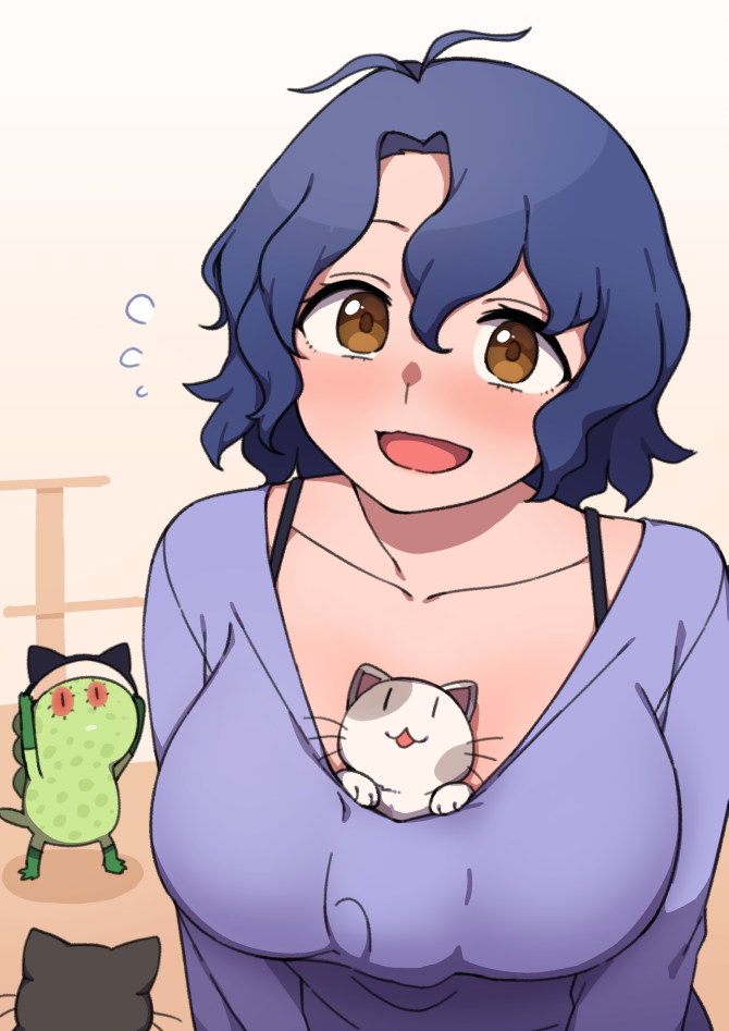 1girl, animal, animal_between_breasts, antenna_hair, black_bra, black_cat, blue_hair, bra