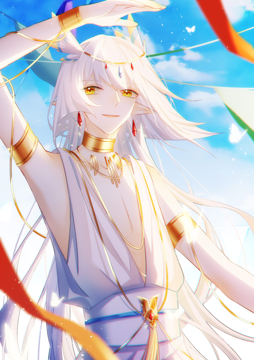 1boy, absurdres, bracelet, bug, butterfly, clouds, cloudy_sky, daleth_(sky:_children_of_the_light)