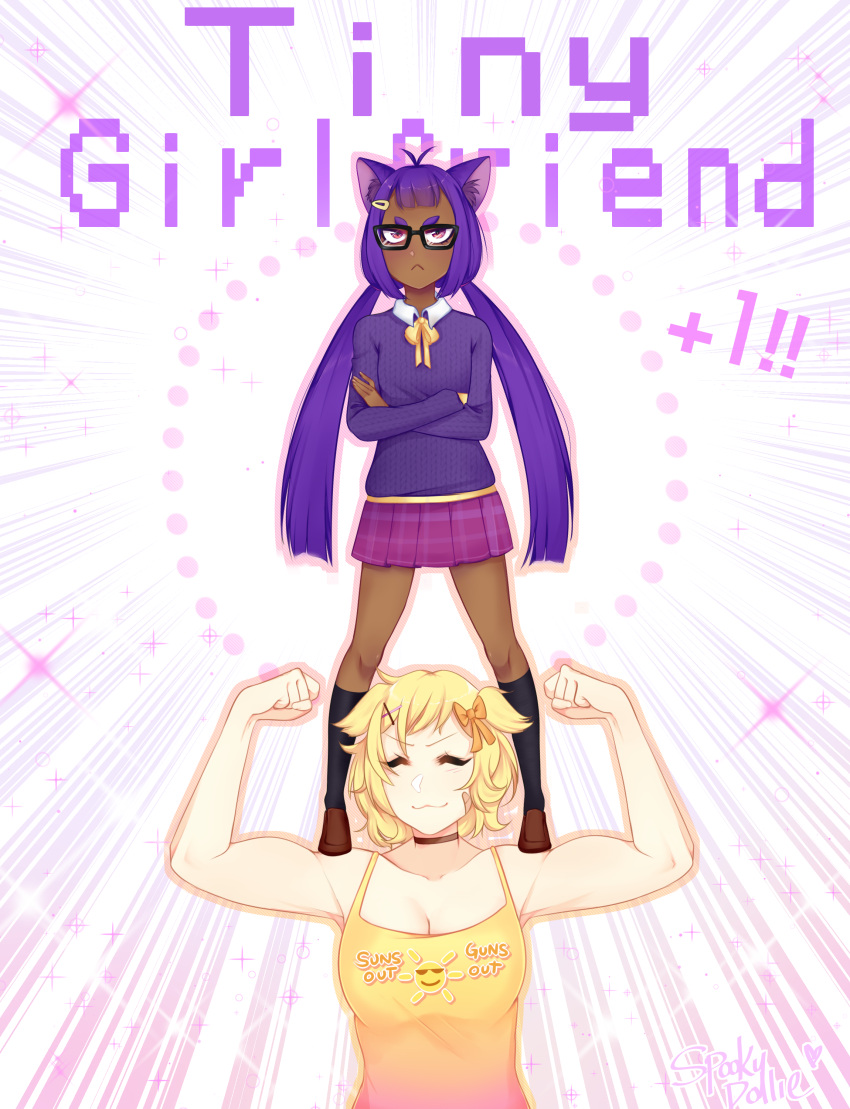 2girls, absurdres, animal_ears, blonde_hair, cat_ears, crossed_arms, dark-skinned_female, dark_skin