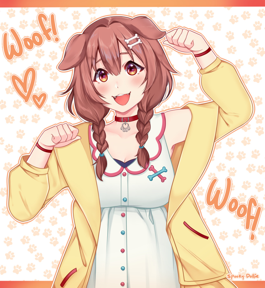 absurdres, animal_ears, bone_hair_ornament, braid, brown_hair, collar, dog_ears, dress
