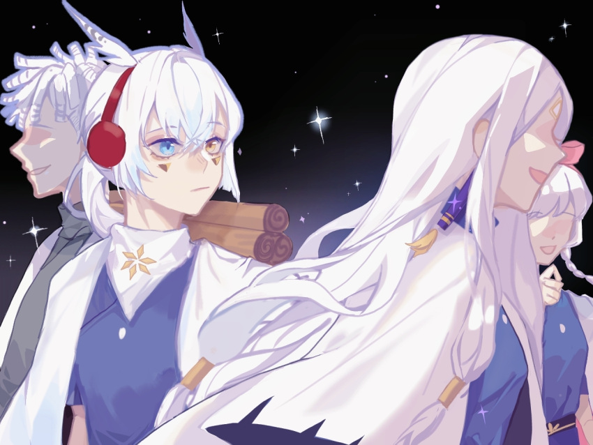 2boys, 2girls, blue_eyes, closed_mouth, faceless, facial_mark, fireworks, grey_hair, headphones, heterochromia, kizuna_ai_(sky:_children_of_the_light), long_hair, looking_at_another, luonianamon, mimizuku_(sky:_children_of_the_light), multiple_boys, multiple_girls, ponytail, sky:_children_of_the_light, sparkle, teth_(sky:_children_of_the_light), tied_hair, upper_body, white_hair, yellow_eyes