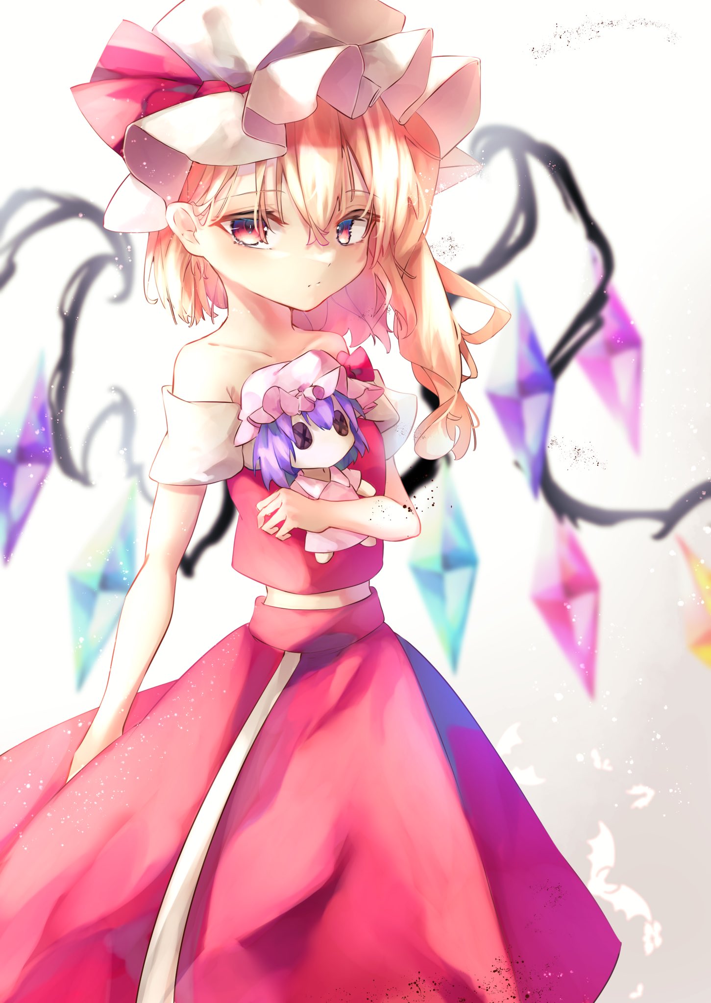 1girl, bare_shoulders, bat, bat_wings, blonde_hair, bow, calpis118, collarbone