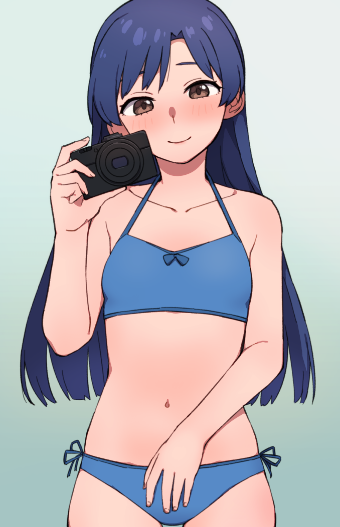 1girl, black_panties, blue_background, blue_bra, blue_hair, blush, bra, brown_eyes, camera, closed_mouth, collarbone, commentary_request, cowboy_shot, hand_up, holding, holding_camera, idolmaster, idolmaster_million_live!, idolmaster_million_live!_theater_days, kisaragi_chihaya, korean_commentary, kwaejina, looking_at_viewer, mixed-language_commentary, navel, panties, side-tie_panties, simple_background, smile, standing, straight_hair, underwear