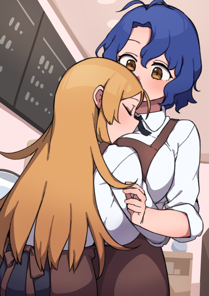 2girls, antenna_hair, apron, between_breasts, black_neckwear, blonde_hair, blue_hair, breast_press