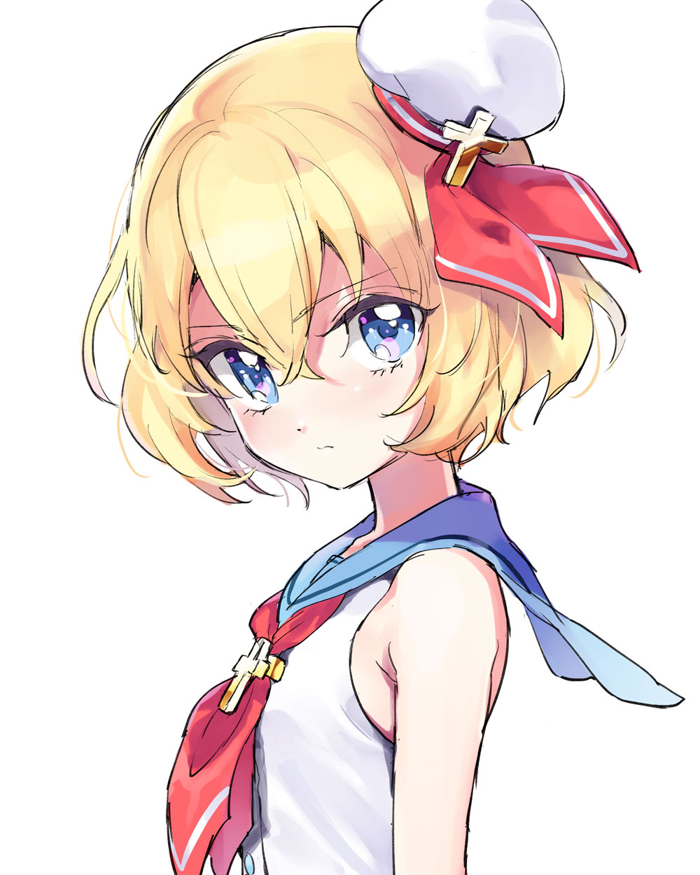 1girl, blonde_hair, blue_eyes, blue_sailor_collar, cross, from_side, hair_between_eyes, hat