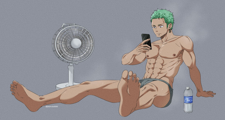 1boy, abs, bottle, briefs, bulge, electric_fan, feet, full_body