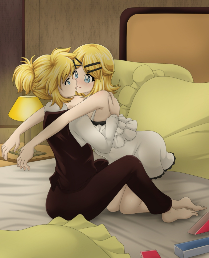 1boy, 1girl, adolescence_(vocaloid), barefoot, bed_sheet, blonde_hair, blue_hair, blush