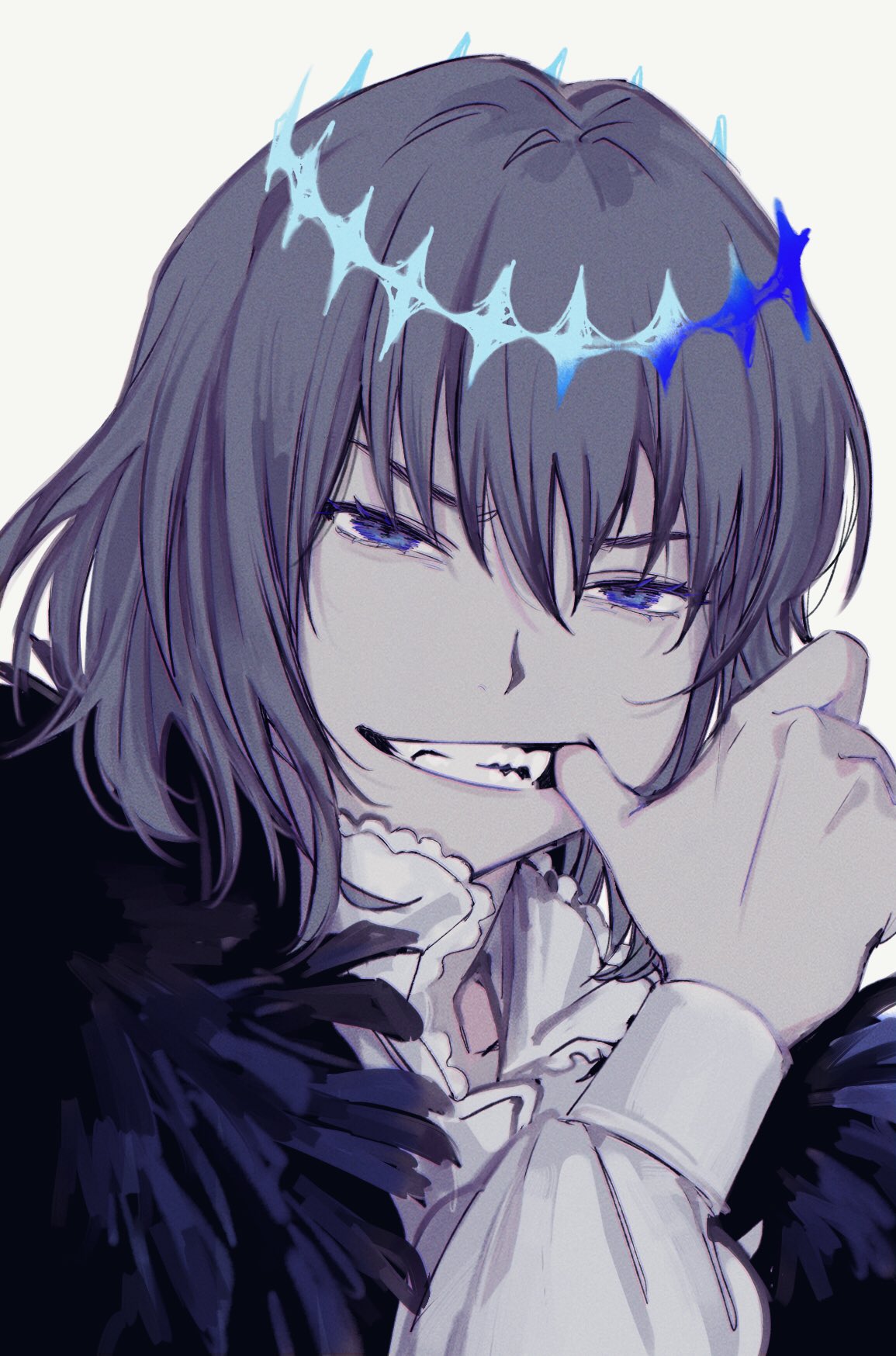 1boy, arthropod_boy, blue_eyes, bug, butterfly, butterfly_on_finger, butterfly_wings, cape, cloak, close-up, crown, dashijiru, diamond_hairband, eyebrows, fangs, fate/grand_order, fate_(series), fur-trimmed_cape, fur-trimmed_cloak, fur_trim, furrowed_brow, grey_hair, highres, insect_wings, long_sleeves, male_focus, medium_hair, moth, oberon_(fate), puffy_sleeves, simple_background, solo, wings