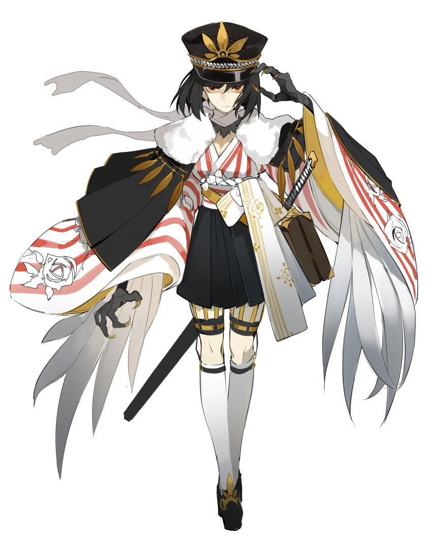 1girl, absurdres, animal_hands, arm_up, bird_wings, black_cape, black_footwear, black_hair