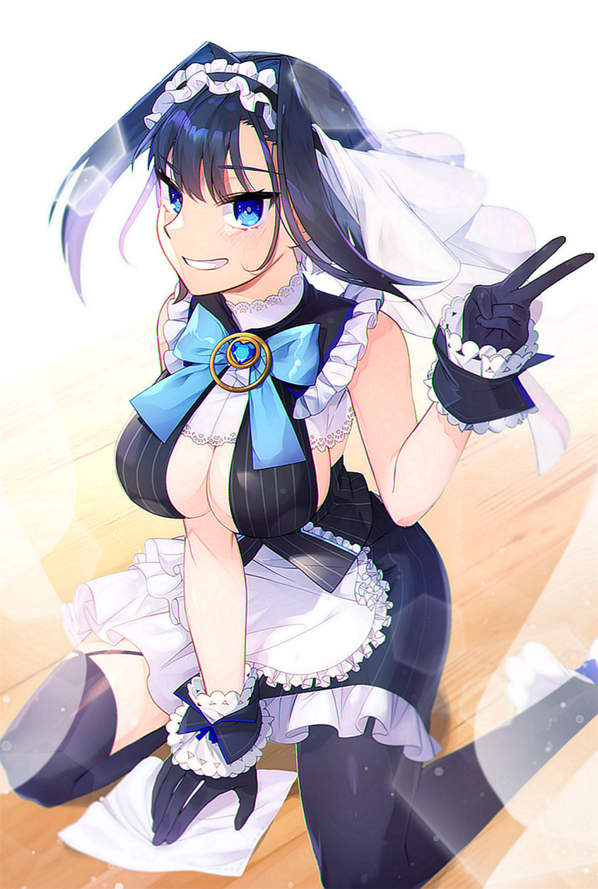 adapted_costume, alternate_costume, asymmetrical_clothes, black_gloves, black_legwear, blue_eyes, blue_hair, blue_ribbon