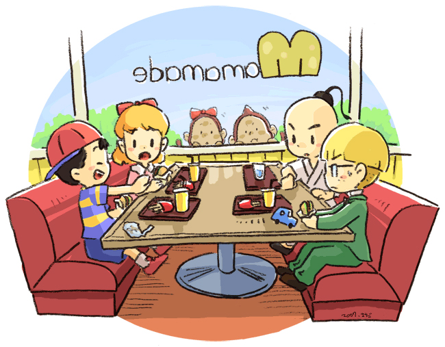 black_hair, blonde_hair, bubble_monkey, food, glasses, hat, jeff_andonuts, mother_(game)