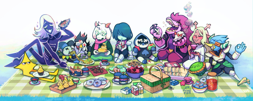 1other, 2girls, 6+boys, absurdres, antlers, beak, berdly_(deltarune), burger