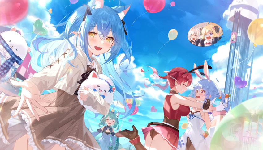 6+girls, :d, @_@, absurdres, amusement_park, animal_ear_fluff, animal_ears, animal_on_head, balloon, bangs, bird, bird_on_head, black_fire_(peter02713), black_footwear, black_gloves, black_hairband, black_leotard, black_panties, black_ribbon, blonde_hair, blue_dress, blue_hair, blue_sky, blush, boots, braid, brown_dress, cardigan, carrot_hair_ornament, cat_ears, closed_eyes, clouds, commentary_request, creature, daifuku_(yukihana_lamy), day, detached_sleeves, dress, drop_tower, elf, eyebrows_visible_through_hair, facing_another, fake_animal_ears, floating_hair, food-themed_hair_ornament, frilled_dress, frills, gloves, green_hair, grin, hair_between_eyes, hair_ornament, hair_ribbon, hairband, hands_up, heart_balloon, high_heel_boots, high_heels, highres, holding, holding_balloon, holding_creature, hololive, horns, houshou_marine, leotard, leotard_under_clothes, long_hair, long_sleeves, looking_at_another, multicolored_hair, multiple_girls, on_head, open_cardigan, open_clothes, open_mouth, outdoors, panties, piyoko_(uruha_rushia), pointy_ears, rabbit_ears, rabbit_girl, redhead, ribbon, sheep_girl, sheep_horns, shishiro_botan, sky, smile, ssrb, standing, standing_on_one_leg, streaked_hair, teeth, tsunomaki_watame, twin_braids, twintails, two-tone_hair, two_side_up, underwear, upper_teeth, uruha_rushia, usada_pekora, violet_eyes, virtual_youtuber, white_cardigan, white_dress, white_gloves, white_hair, wide_sleeves, yellow_eyes, yukihana_lamy, yukimin_(yukihana_lamy)