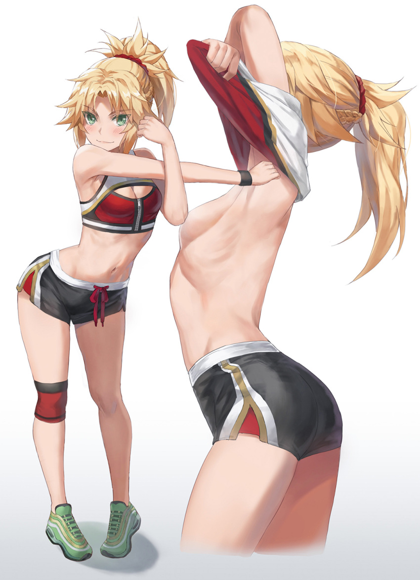 1girl, armpits, arms_up, ass, bangs, black_shorts, blonde_hair, blush
