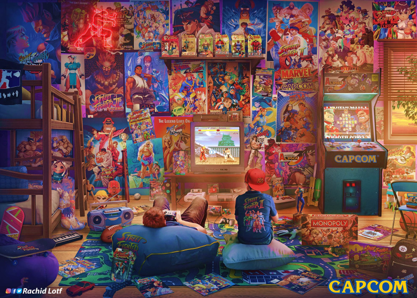 1990s_(style), 2boys, arcade_cabinet, arcade_stick, back_to_the_future, backwards_hat, bean_bag_chair, bed, bedroom, board_game, book, bunk_bed, cameo, capcom, carpet, character_doll, controller, crt, english_commentary, game_cartridge, game_console, game_controller, hat, highres, hover_board, joystick, male_focus, messy_room, mixed_media, monopoly, multiple_boys, neon_lights, official_art, playing_games, playstation, poster_(object), powerglove, puzzle_fighter, rachid_lotf, retro_artstyle, rubik's_cube, ryu_(street_fighter), statuette, street_fighter, street_fighter_ex_(series), street_fighter_ii_(series), street_fighter_iii_(series), street_fighter_zero_(series), super_nintendo, television, x-men_vs._street_fighter