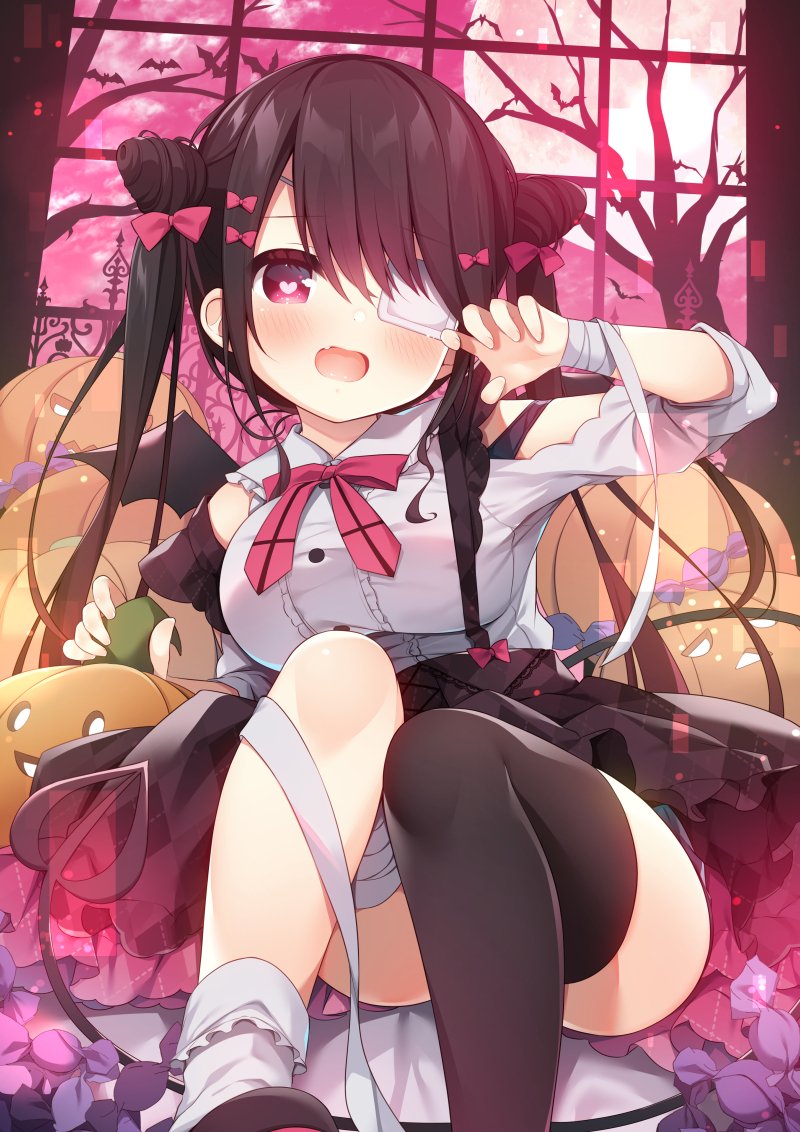1girl, :d, argyle, argyle_skirt, asymmetrical_legwear, bandaged_arm, bandaged_leg, bandages