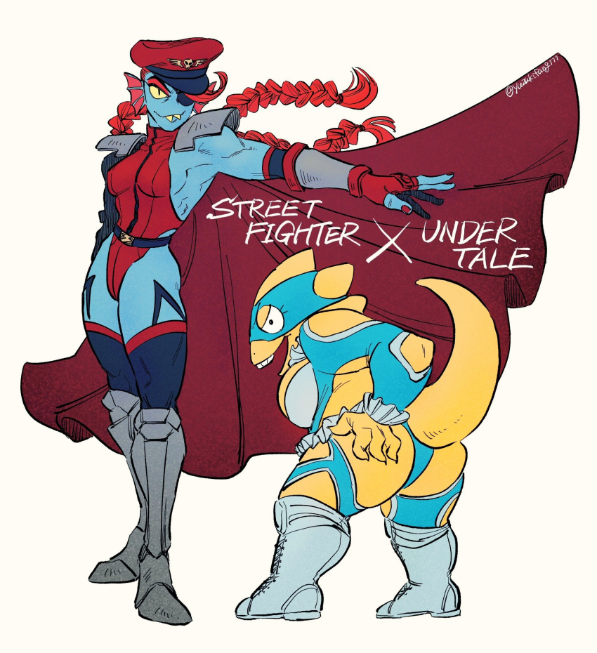 2girls, alphys, alternate_costume, armored_boots, ass, black_legwear, blue_legwear, blue_skin