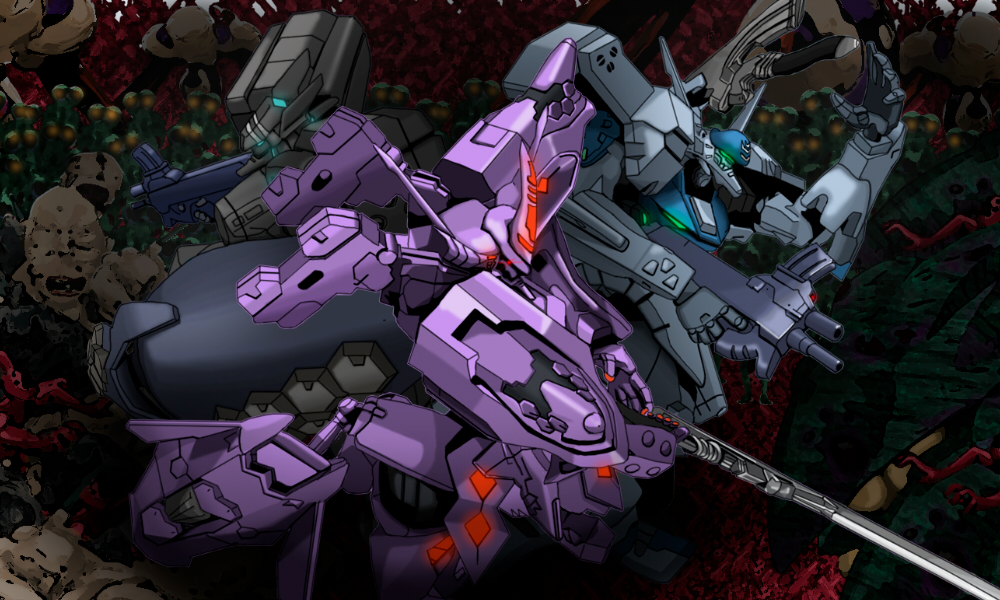 alien, beta_(muvluv), f-4j_gekishin, glowing, glowing_eye, glowing_eyes, gun, holding, holding_gun, holding_sword, holding_weapon, looking_down, mecha, muvluv, muvluv_alternative, no_humans, open_mouth, science_fiction, shield, sword, tactical_surface_fighter, takemikazuchi_(muvluv), takuden, type_94_shiranui, weapon, weapon_on_back, yellow_eyes