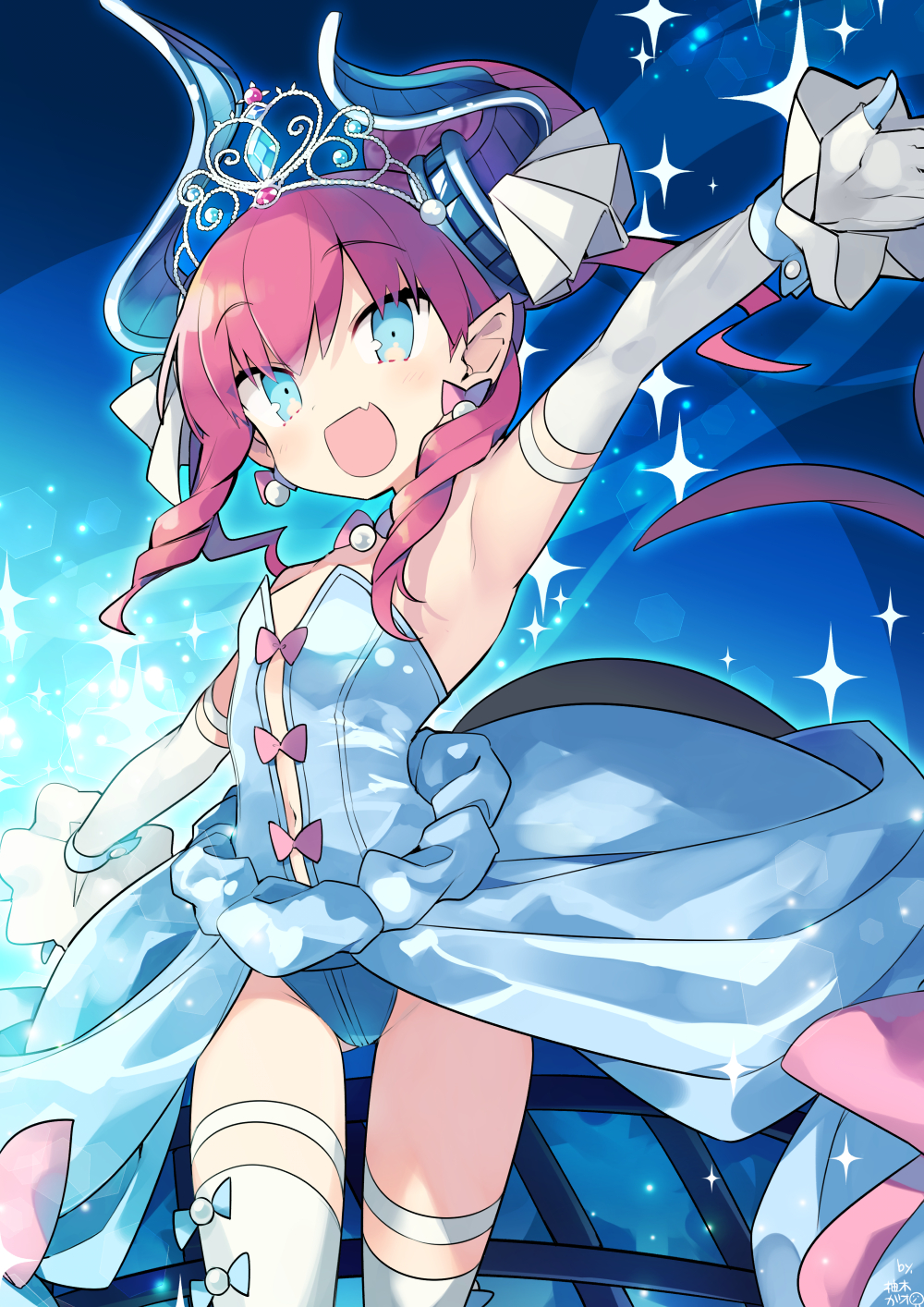 1girl, :d, armpits, asymmetrical_horns, bare_shoulders, blue_eyes, blue_leotard, breasts