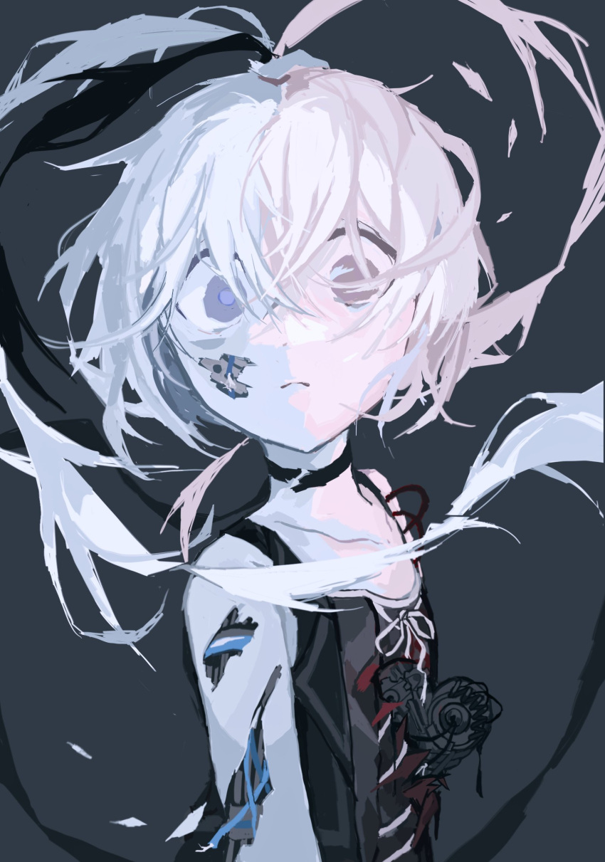 1girl, android, bare_shoulders, black_background, black_hair, broken, choker, collarbone, edge_0605, flat_chest, flower_(vocaloid), flower_(vocaloid3), highres, long_hair, looking_at_viewer, multicolored_hair, ponytail, solo, spaghetti_strap, streaked_hair, torn_skin, upper_body, very_long_hair, violet_eyes, vocaloid, white_hair, wide-eyed, wire
