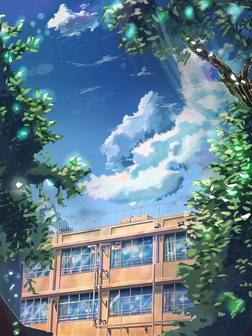 absurdres, blue_sky, branch, building, clouds, commentary, day, highres