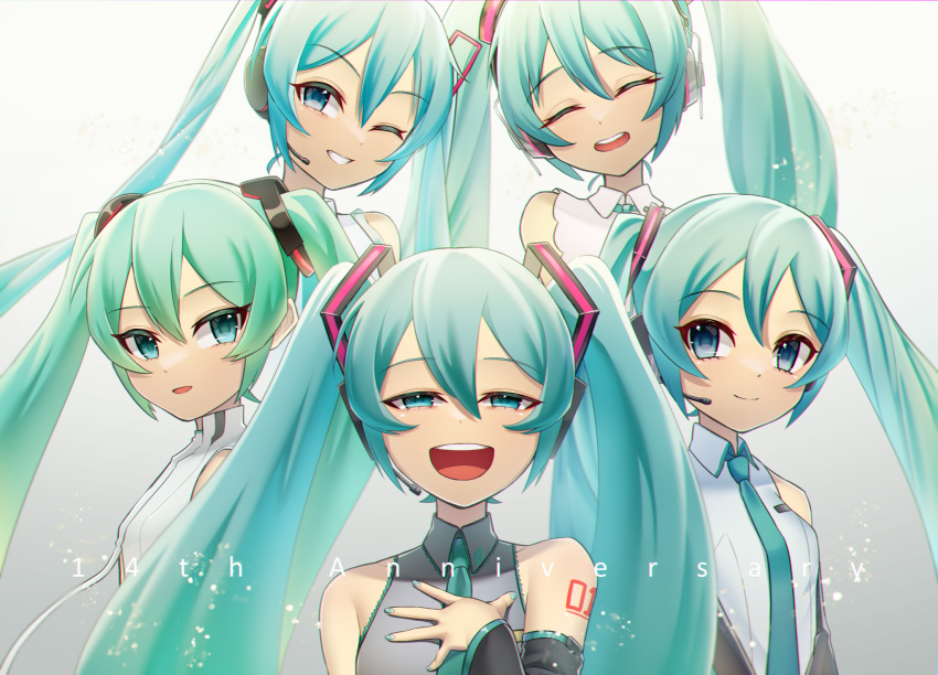 5girls, anniversary, aqua_eyes, aqua_hair, aqua_nails, aqua_neckwear, ataraii_moyasi, bare_shoulders