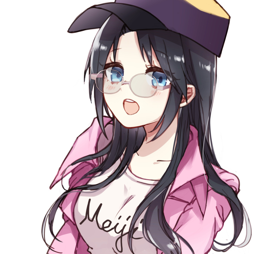 1girl, :o, bangs, baseball_cap, black_hair, blue_eyes, casual, glasses