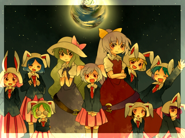 6+girls, animal_ears, blue_hair, commentary_request, earth_(planet), green_hair, hammer_(sunset_beach), long_hair