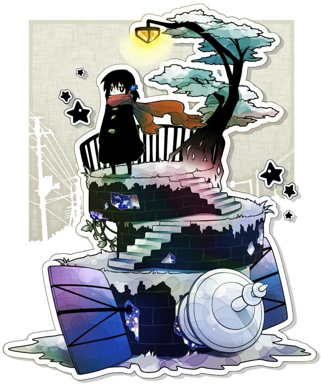 kaai_yuki, lama_(kusuriya), lamp, satellite, scarf, sentimental_sanpo_(vocaloid), short_hair, short_twintails