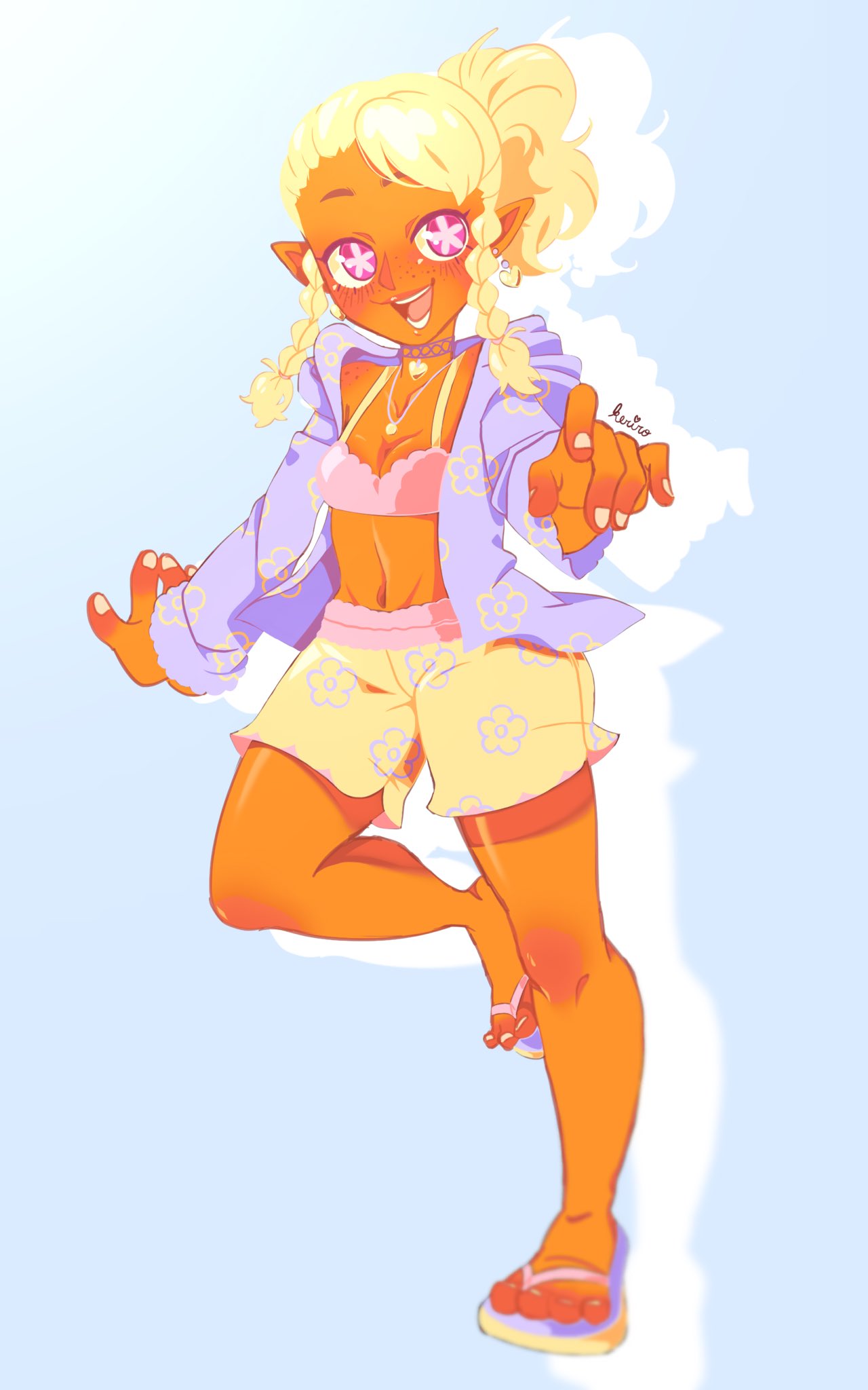 1girl, alternate_costume, blue_background, blush, breasts, flip-flops, kerilovesmayzuk, mayday_(no_straight_roads), navel, no_straight_roads, orange_skin, pink_eyes, shorts, smile, solo, star-shaped_pupils
