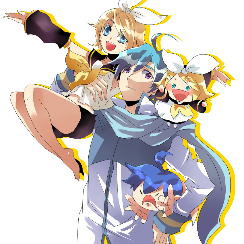 aqua_eyes, blonde_hair, blue_hair, chibi, hair_ribbon, highres, holding, kagamine_rin