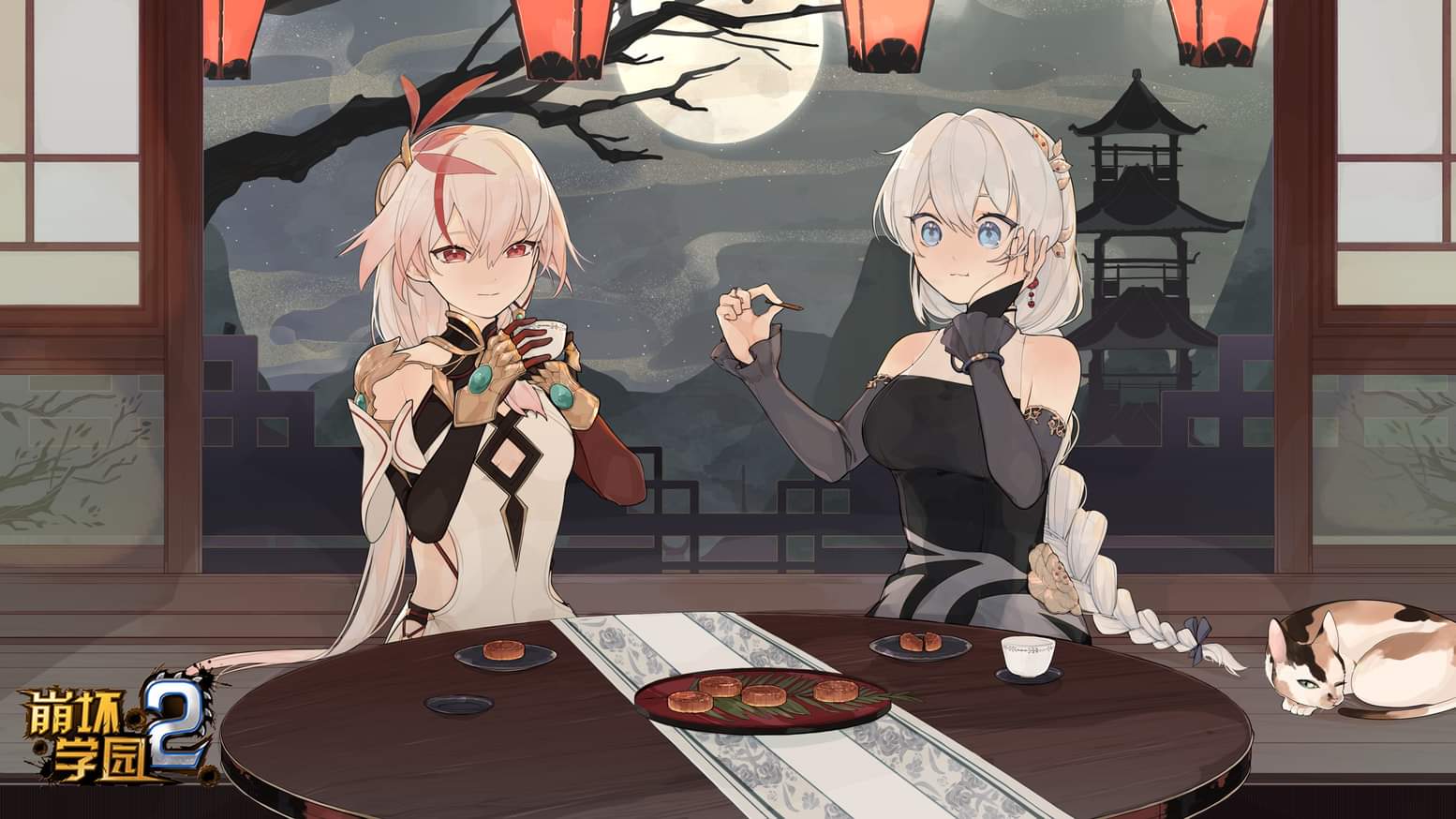 2girls, animal, asymmetrical_gloves, bangs, benghuai_xueyuan, black_dress, black_gloves, black_sleeves