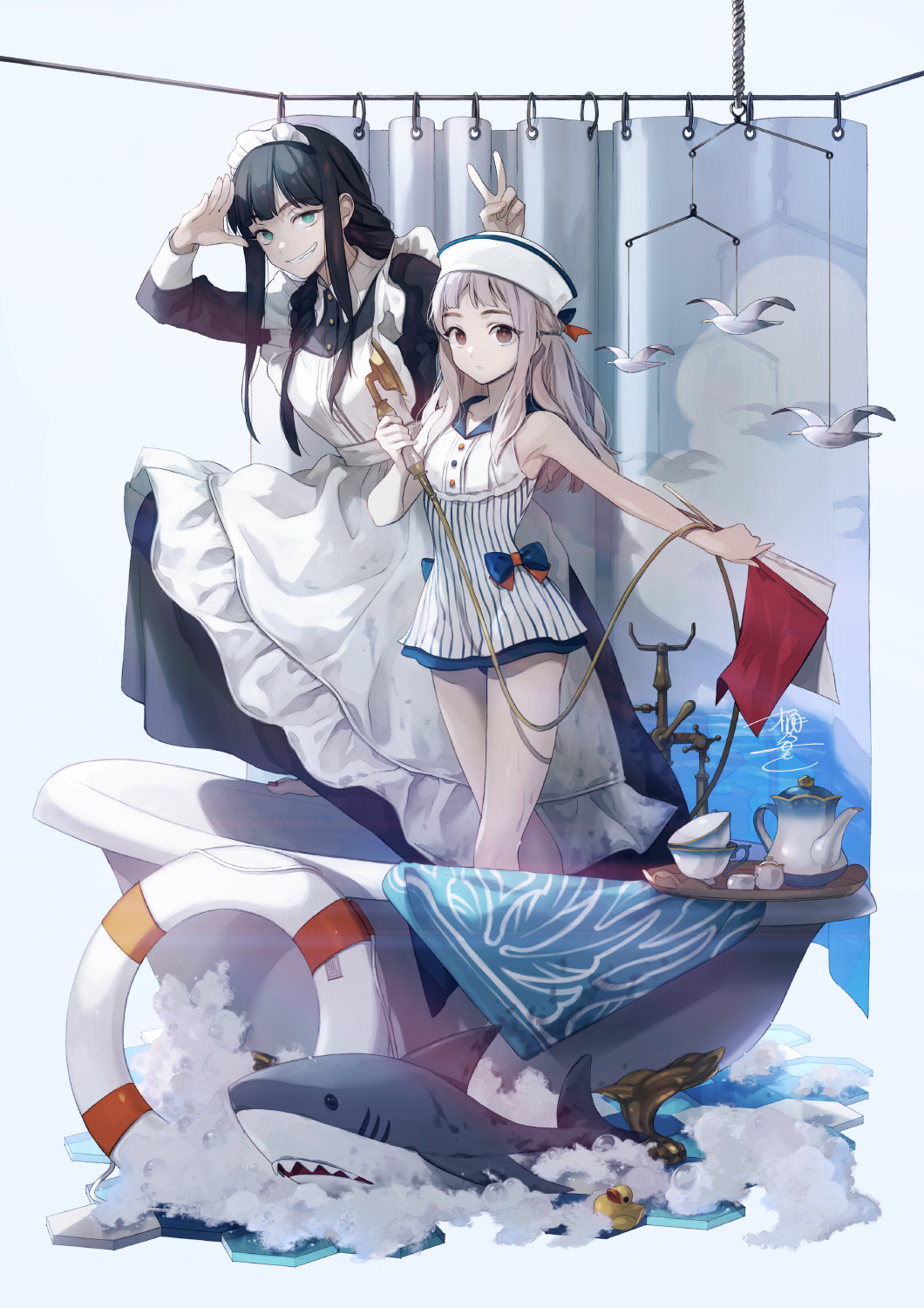 2girls, apron, bangs, bare_shoulders, barefoot, bathtub, bird, black_dress