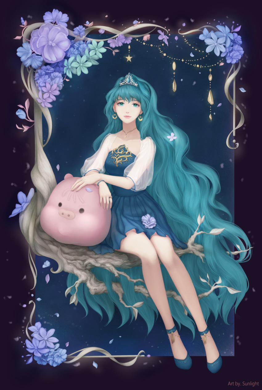 1girl, animal_pillow, blue_dress, bracelet, branch, chain, dress, drop_earrings