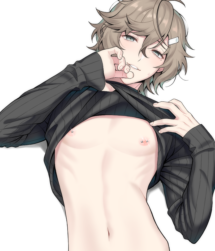 1boy, bangs, black_jacket, brown_hair, clothes_lift, hair_ornament, hairclip, jacket