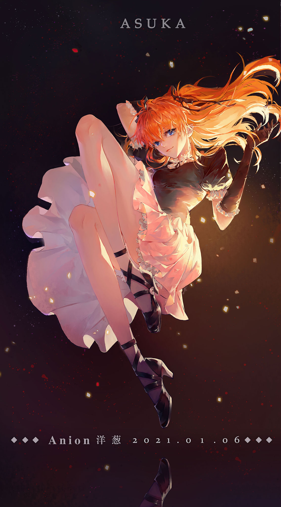 1girl, anioncyan, artist_name, black_dress, black_gloves, blue_eyes, character_name, cinders