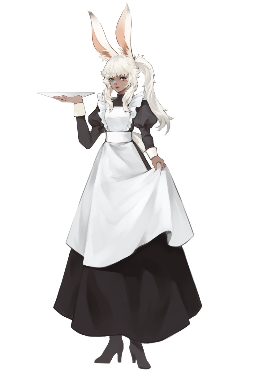 1girl, absurdres, alternate_costume, animal_ears, anioncyan, apron, avatar_(ffxiv), bangs, black_dress, blue_eyes, boots, closed_mouth, dark-skinned_female, dark_skin, dress, enmaided, final_fantasy, final_fantasy_xiv, full_body, high_heel_boots, high_heels, high_ponytail, highres, holding, holding_tray, lips, long_sleeves, looking_at_viewer, maid, maid_apron, messy_hair, mole, mole_under_eye, puffy_sleeves, rabbit_ears, sidelocks, simple_background, solo, tray, viera, white_background, white_hair