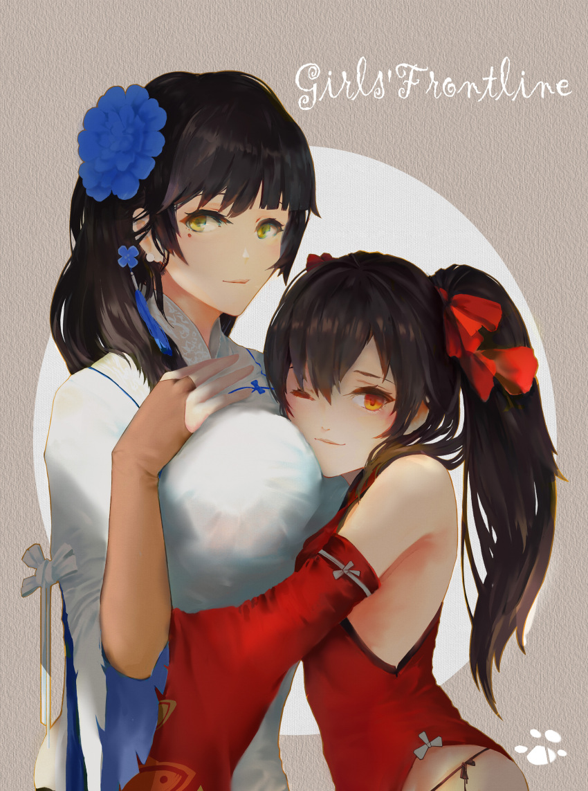 2girls, absurdres, baboon_(artist), beige_background, between_breasts, bow, breast_hold, breasts