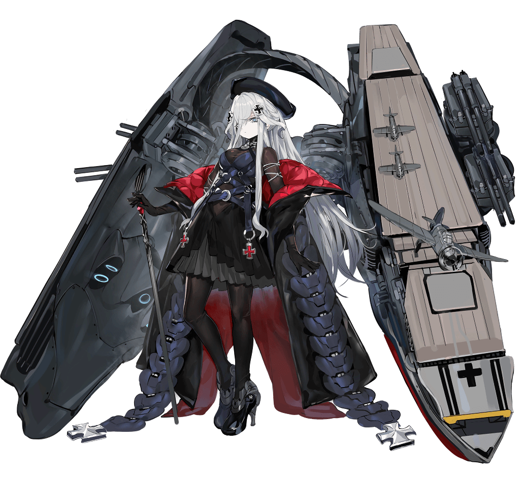1girl, aircraft, bangs, beret, black_bodysuit, black_headwear, black_legwear, black_surge_night, blue_eyes, bodysuit, breasts, chain, closed_mouth, coat, dress, flight_deck, full_body, graf_zeppelin_(black_surge_night), hair_ornament, hair_over_one_eye, hat, high_heels, iron_cross, long_hair, medium_breasts, official_art, open_clothes, open_coat, pale_skin, ran_(bukeranwu), rigging, sidelocks, silver_hair, solo, transparent_background, very_long_hair