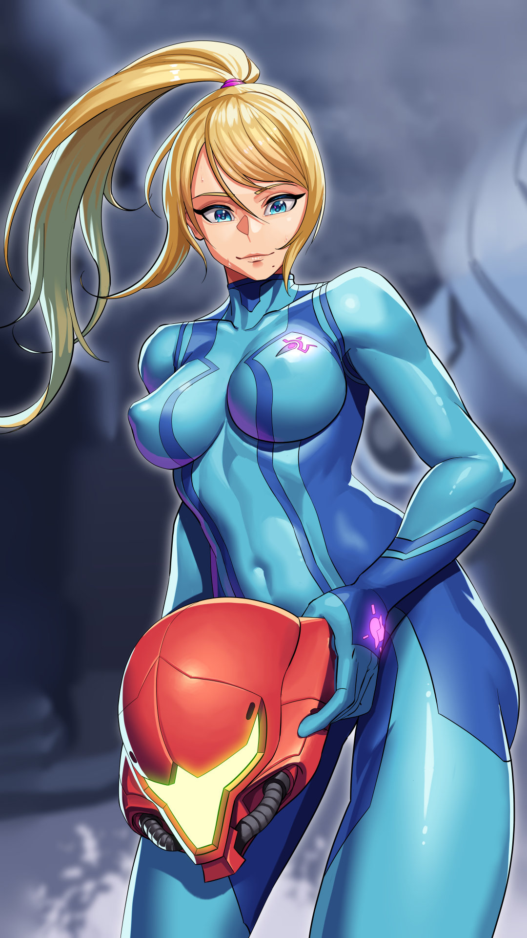 1girl, bangs, blonde_hair, blue_bodysuit, blue_eyes, blurry, blurry_background, bodysuit, breasts, closed_mouth, covered_navel, covered_nipples, glowing, helm, helmet, high_ponytail, highres, holding, impossible_bodysuit, impossible_clothes, large_breasts, lips, long_hair, looking_at_viewer, lyoung0j, metroid, samus_aran, shiny, shiny_clothes, skin_tight, smile, solo, sweat, swept_bangs, turtleneck, zero_suit