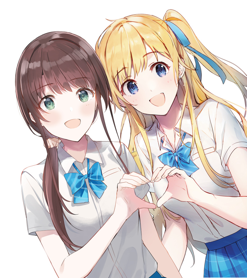 2girls, :d, bangs, blonde_hair, blue_bow, blue_eyes, blue_neckwear, blue_ribbon, blue_skirt, blush, bobujirou, bow, bowtie, breast_pocket, breasts, brown_hair, chitose-kun_wa_ramune_bin_no_naka, collared_shirt, dutch_angle, earrings, eyebrows_visible_through_hair, fingernails, green_eyes, hair_ornament, hair_over_shoulder, hair_ribbon, hair_scrunchie, heart, heart_hands, heart_hands_duo, highres, hiiragi_yuuko, jewelry, long_hair, looking_at_viewer, loose_bowtie, low_ponytail, medium_breasts, multiple_girls, official_art, one_side_up, open_mouth, plaid, plaid_skirt, pleated_skirt, pocket, ponytail, ribbon, school_uniform, scrunchie, second-party_source, shirt, shirt_tucked_in, short_sleeves, simple_background, skirt, smile, striped, striped_bow, striped_neckwear, stud_earrings, summer_uniform, uchida_yua, upper_body, weee_(raemz), white_background, white_shirt, wing_collar