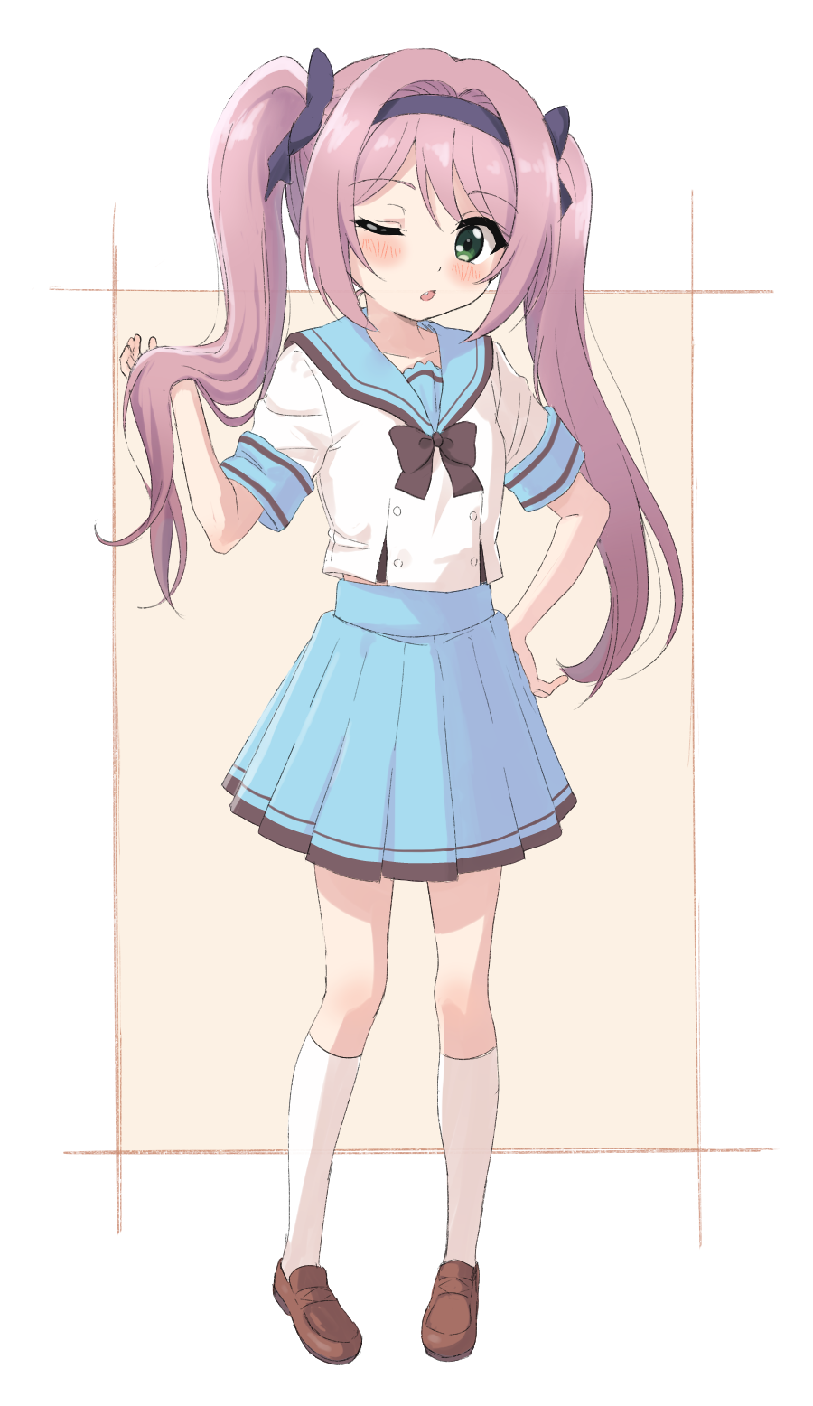 1girl, blue_sailor_collar, blue_skirt, blush, bow, bowtie, brown_bow, brown_footwear