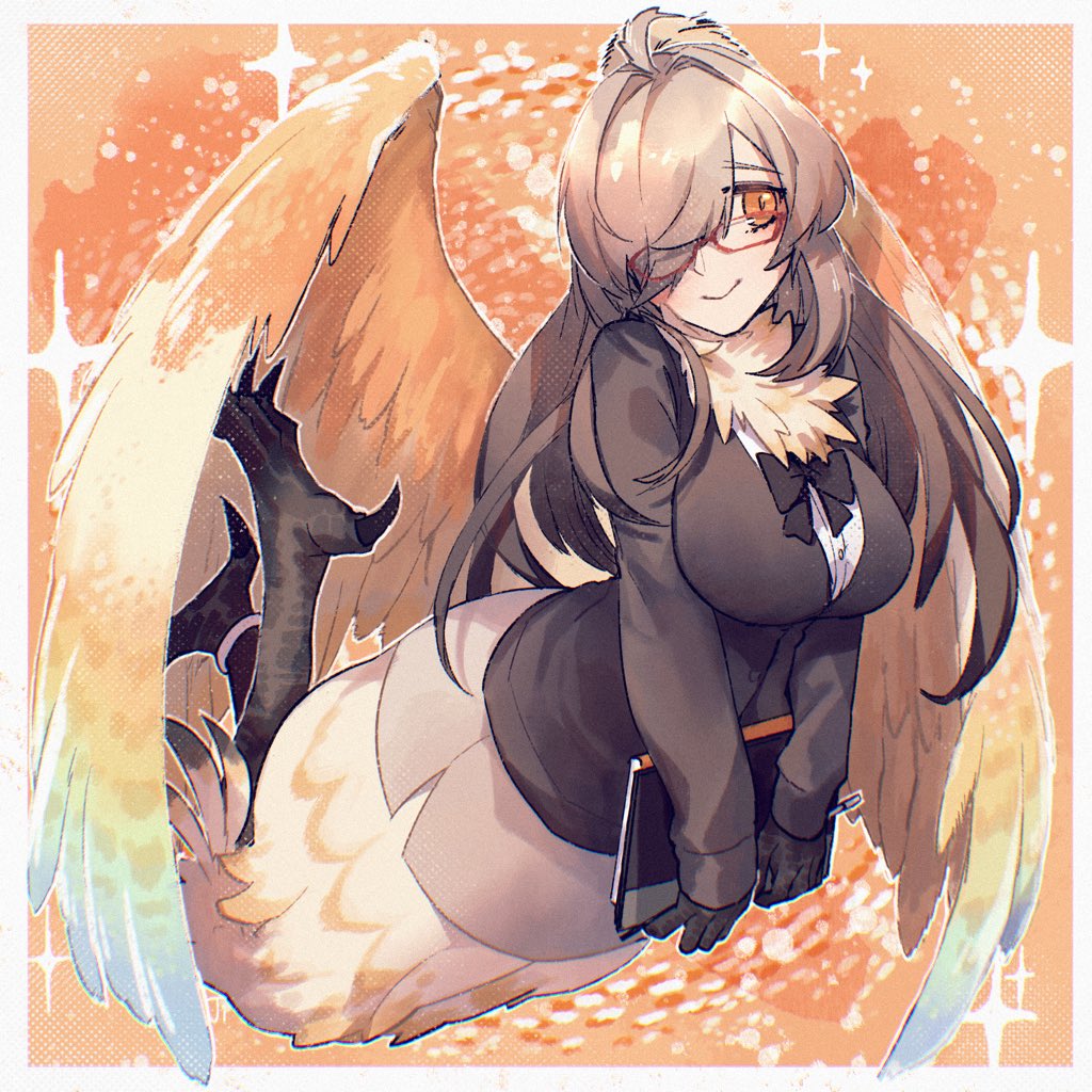 1girl, ahoge, animal_hands, bird_legs, book, breasts, brown_hair, commentary_request, feathered_wings, feathers, glasses, gradient_hair, hair_intakes, hair_over_one_eye, harpy, holding, holding_book, jinnai10, large_breasts, long_hair, monster_girl, multicolored_hair, neck_ruff, orange_eyes, red-framed_eyewear, smile, solo, talons, tokyo_houkago_summoners, white_feathers, wings, ziz_(tokyo_houkago_summoners)