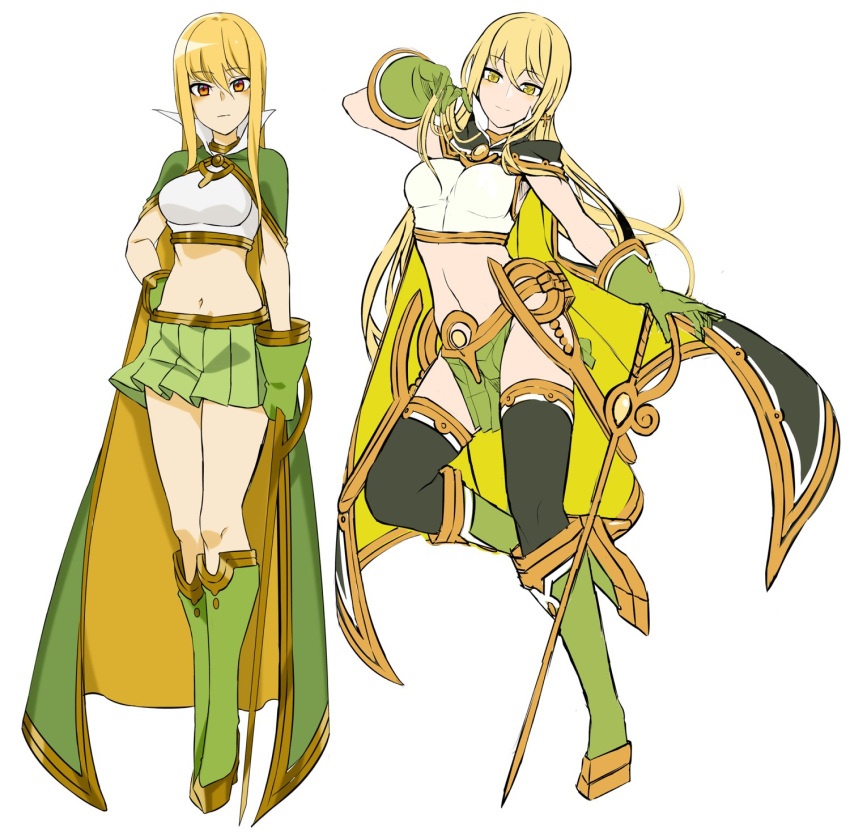 1girl, black_legwear, blonde_hair, boots, cape, closed_mouth, crop_top, doko_tetora, gloves, green_footwear, green_gloves, green_skirt, hiama_(doko_tetora), highres, holding, holding_sword, holding_weapon, long_hair, looking_at_viewer, miniskirt, multiple_views, navel, original, pleated_skirt, simple_background, skirt, smile, sword, thigh-highs, weapon, white_background, yellow_eyes