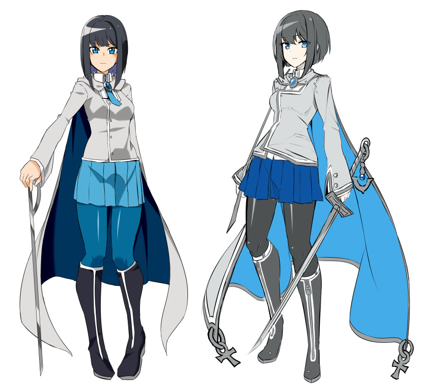 1girl, absurdres, black_footwear, black_hair, black_legwear, blue_cape, blue_eyes, blue_legwear, blue_skirt, blush, bob_cut, boots, cape, closed_mouth, doko_tetora, grey_cape, grey_jacket, highres, holding, holding_sword, holding_weapon, inverted_bob, jacket, long_sleeves, looking_at_viewer, miniskirt, multiple_views, original, pantyhose, parted_lips, pigeon-toed, pleated_skirt, rei_(doko_tetora), simple_background, skirt, sword, two-sided_cape, two-sided_fabric, weapon, white_background