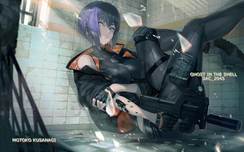 1girl, blue_eyes, breasts, bullet, closed_mouth, cyborg, eyebrows_visible_through_hair, eyes_visible_through_hair