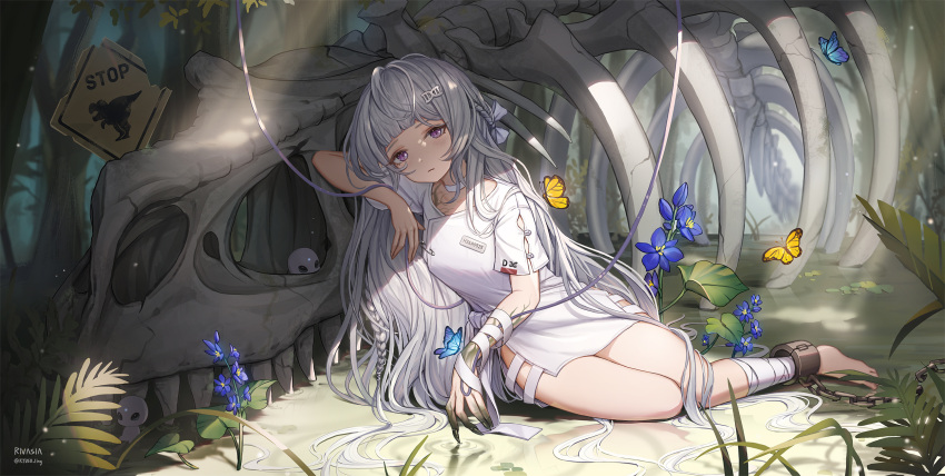 1girl, bandaged_leg, bandages, bangs, barefoot, blue_butterfly, blunt_bangs, blush