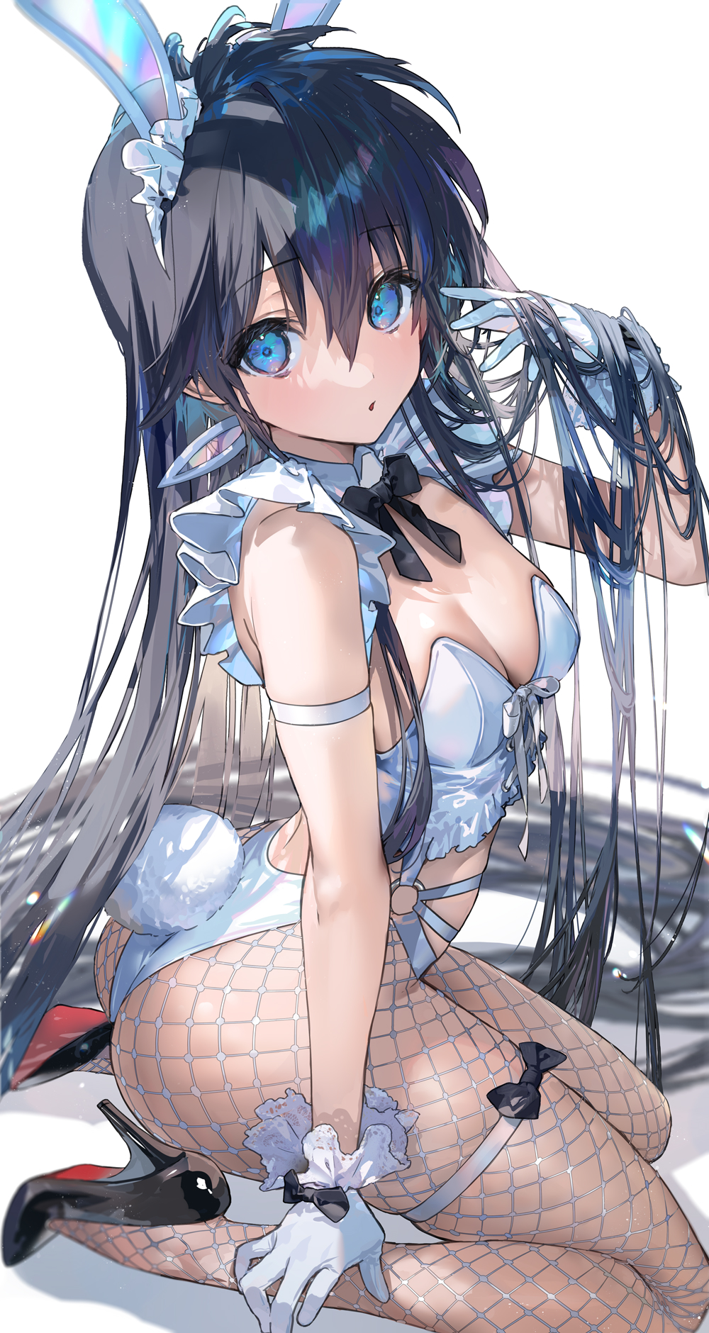 1girl, animal_ears, arm_strap, ass, black_bow, black_footwear, black_hair, blue_eyes
