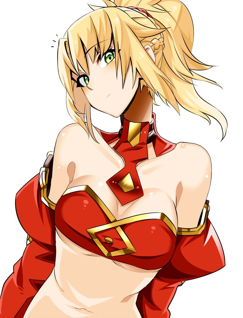 1girl, bandeau, bare_shoulders, blonde_hair, blush, braid, closed_mouth, detached_sleeves
